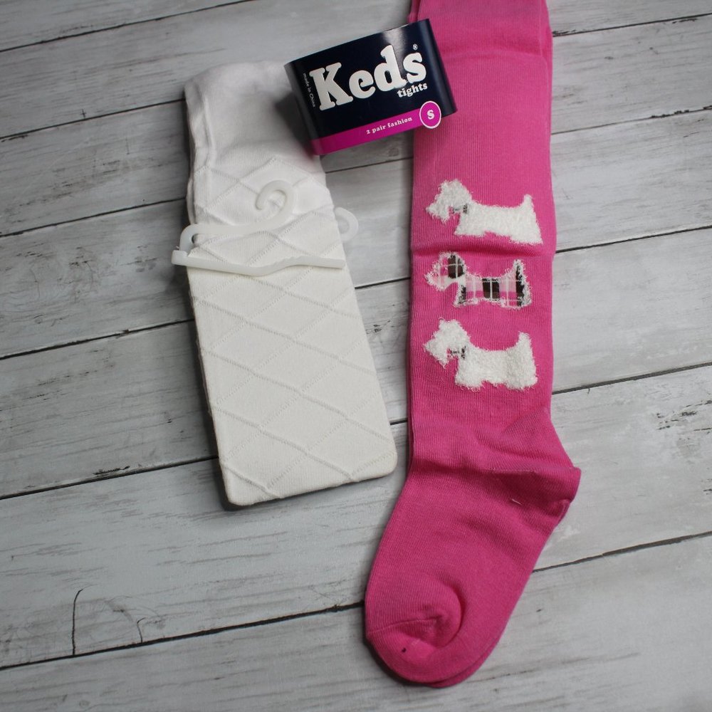 Keds Girl's Tights Youth Size 4-6 Pink Scottie Westie Dog White